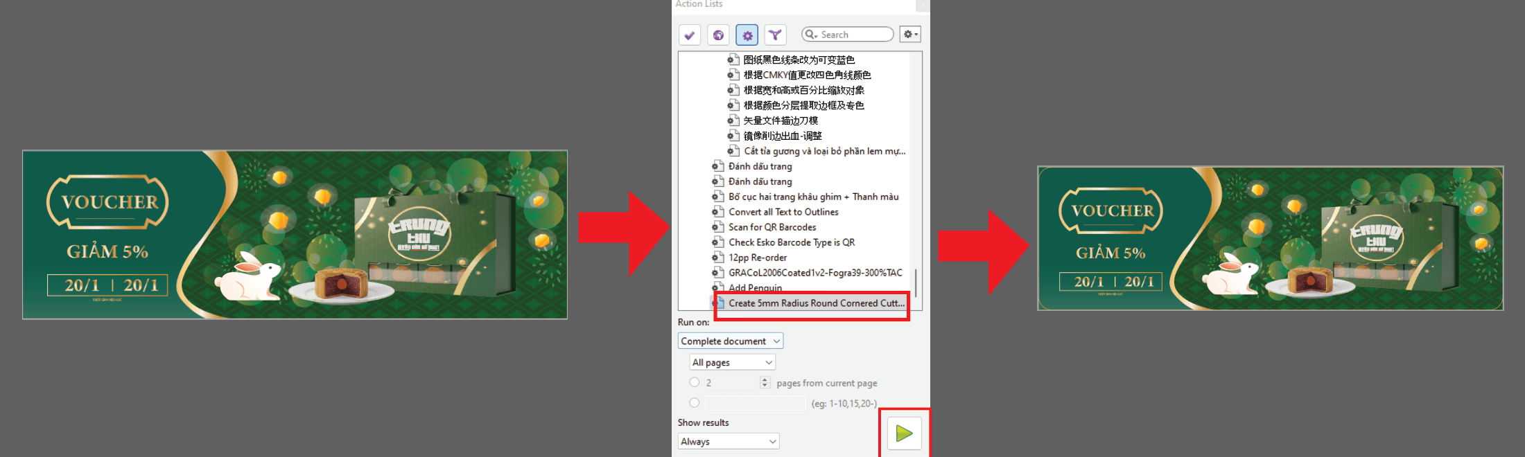 Action Tạo hướng dẫn cắt bo tròn góc bán kính 5mm dựa trên Trim Box - Thực hiện bởi Duy-